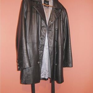 Sleek Black Leather Trench Coat